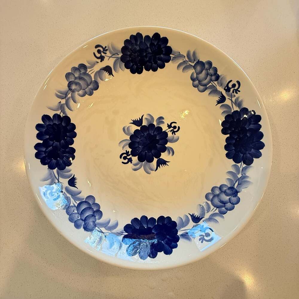 Vintage Kent Pottery 13" Blue & White Floral Serving Platter - Hand Painted